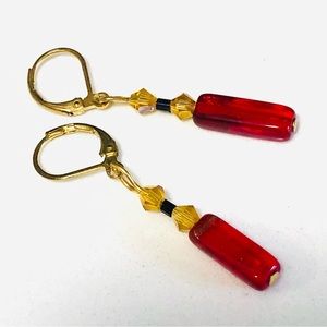 Red and gold drop earrings, minimalist boutique jewelry